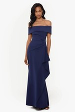 XSCAPE Women Navy Blue Off-Shoulder Long Luxury Dress Size 8 - New With Tags