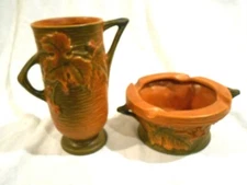 2-1948 Roseville Brown Bushberry Pieces #26 Ashtray & 29-6 Vase