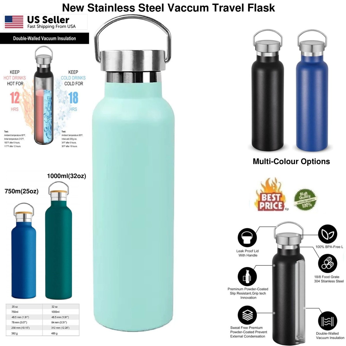 Vacuum Flask Coffee Bottle Thermos Stainless Steel 25/32oz