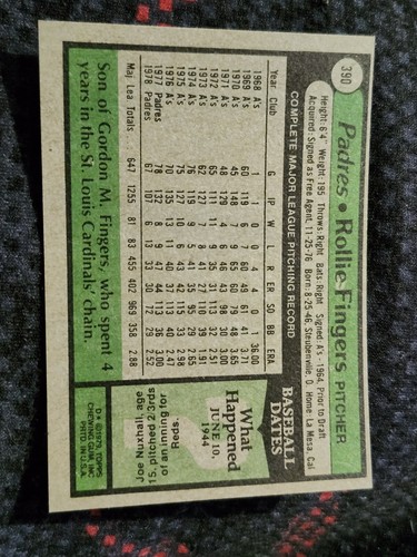 1979 Topps Rollie Fingers San Diego Padres #390 HOF - Picture 2 of 2