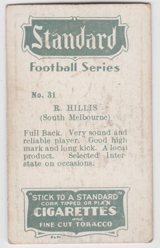 South Melbourne Football Club R Hillis 1930's Bob Mirams Standard cigarette card - Picture 2 of 2