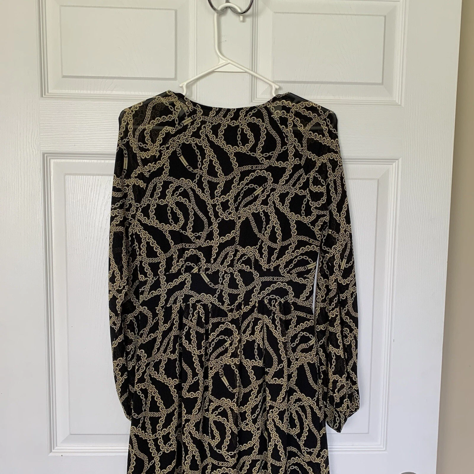 Abito Michael Kors XS nero oro stampa catena slinky chiffon maniche lunghe