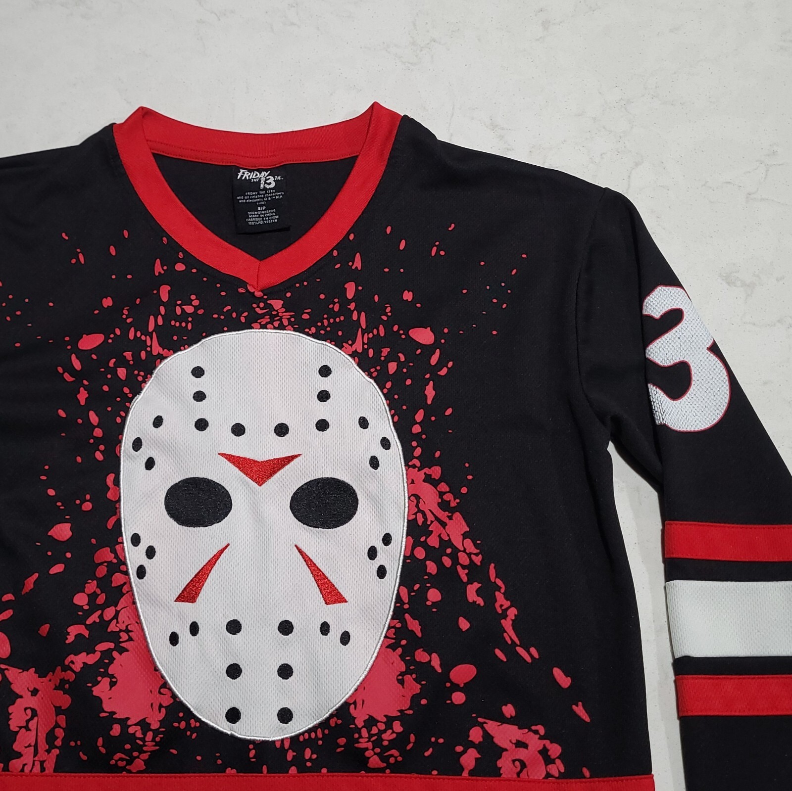 Friday The 13th Jason Voorhees Bloody Hockey Jersey Black Red White EUC Horror