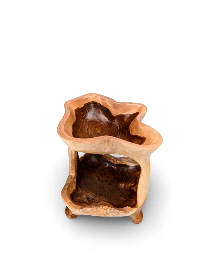 Frutero de teca, soporte de madera de 2 niveles, soporte de doble cuenco, frutero de madera Foto 2 de 4