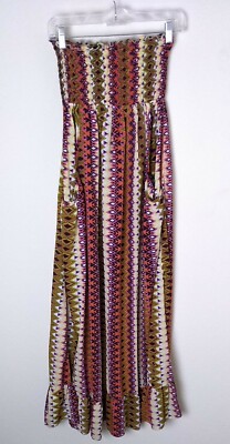 Urban Nomad Purple Green Rust Tribal Harlequin Maxi Dress w/ Pockets S/M