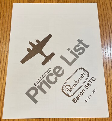 BARON 58TC by Beechcraft Aircraft Price List Brochure 1976 Dealer Stamped