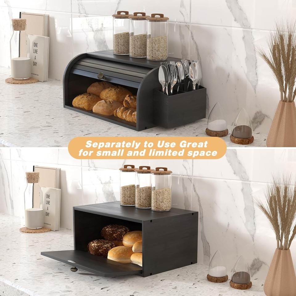 Bamboo Bread Box for Kitchen Counter Dobule Layer Roll Top Bread