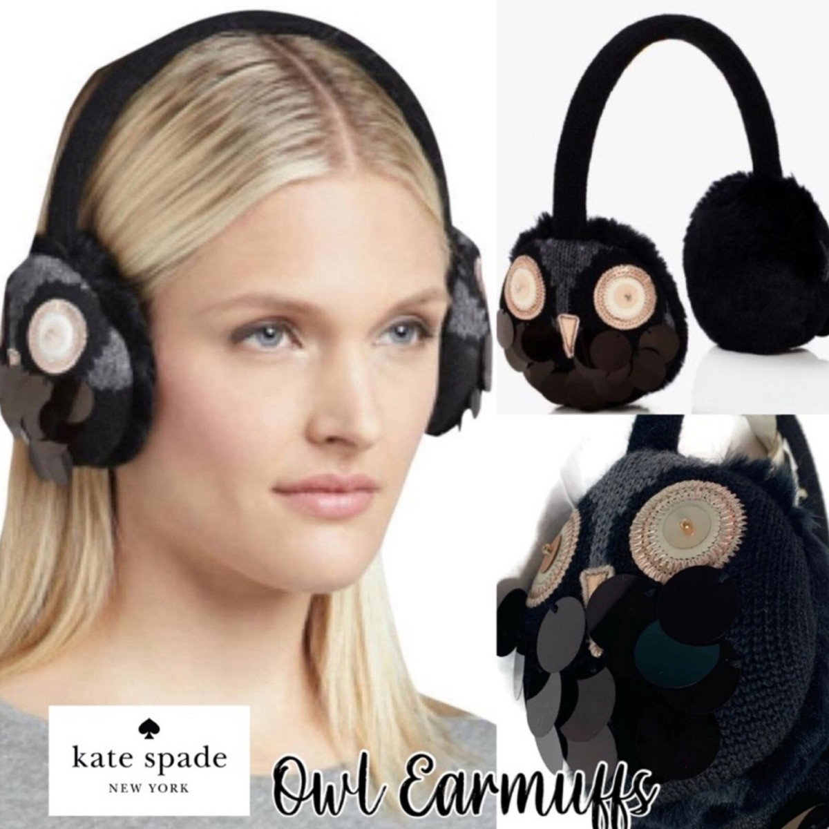 kate spade ny soft NIGHT OWL earmuffs ear muffs IN FINE  display picture 2