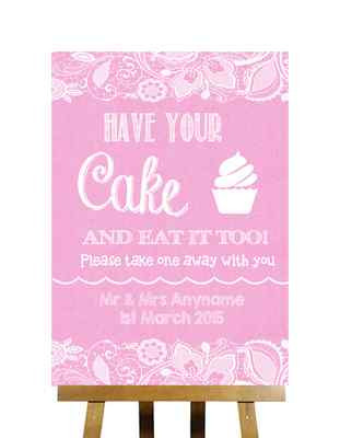 Rosa Sackleinen & Spitze Effekt Kuchen Cupcake Süßigkeiten Buffet personalisiert Hochzeit Schild