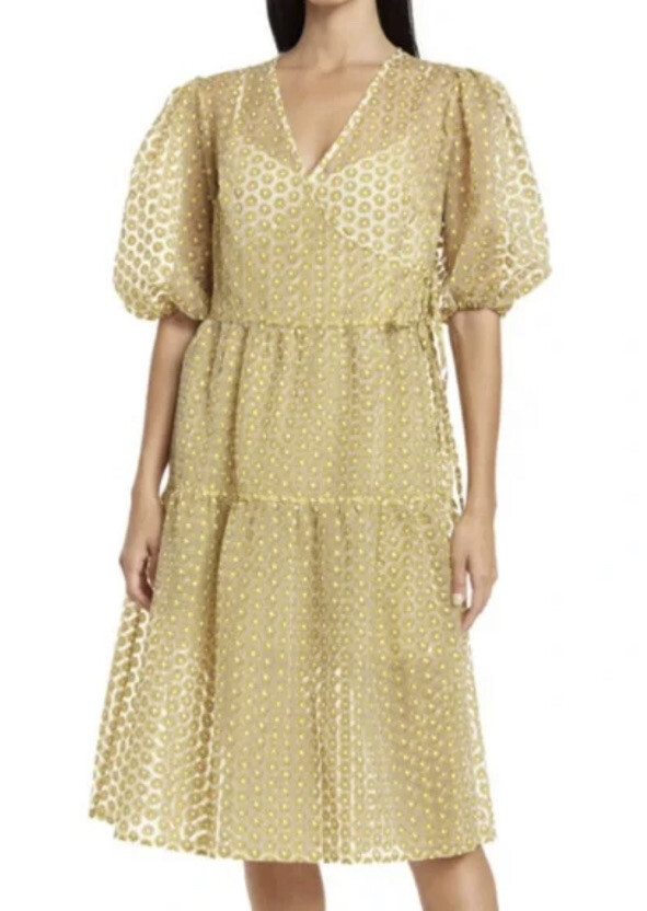 topshop puff sleeve midi dress Topshop Women's Sz 8 Sheer Puff Sleeve Wrap Midi Dress Daisy Print