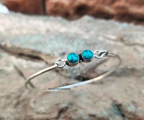 Nice Blue Copper Turquoise Gemstone 925 Sterling Silver Handmade Bracelet Cuff D - Picture 1 of 7