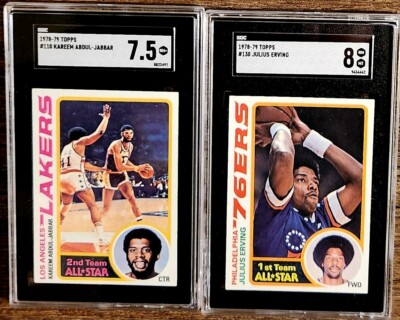 Lot of 2 SGC 1978 Topps #110 Kareem Abdul-Jabbar 7.5 & #130 Julius Erving 8 HOF