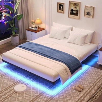Floating Queen Bed Frame Metal with LED Lights Modern No Box Spring Noise Free