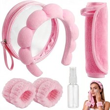 Real Perfection Spa Headband for Washing Face, Skincare Headband Wristband Pink