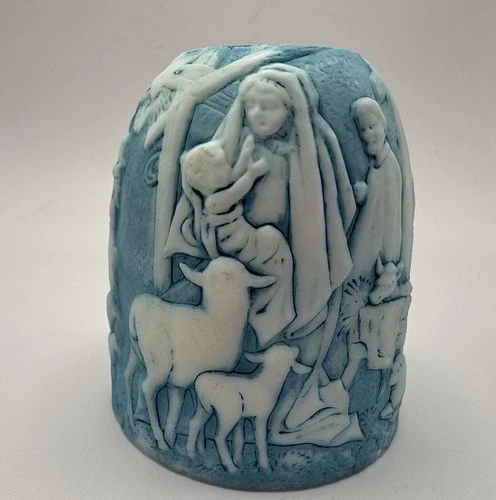 Vintage Fenton Fairy Light Lamp, Nativity Scene, Blue, Top, signed