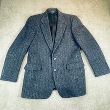 Harris Tweed Blazer Mens 42L Blue Grey Herringbone Wool Academia Ivy League Flaw