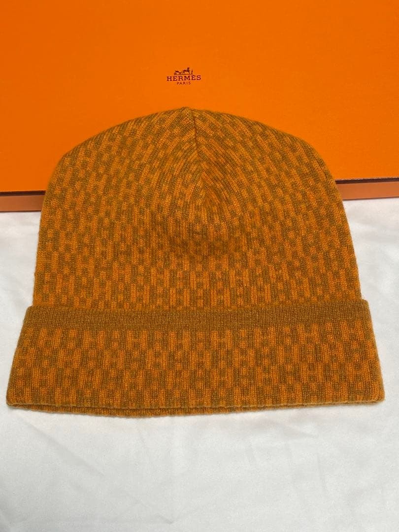 Hermes Cashmere H Pattern Knit Hat Orange Brown