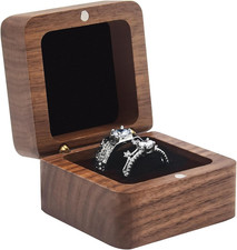 Wooden Ring Box for Wedding Ceremony 2 Slots,Small Square Solid Wood Double Ring