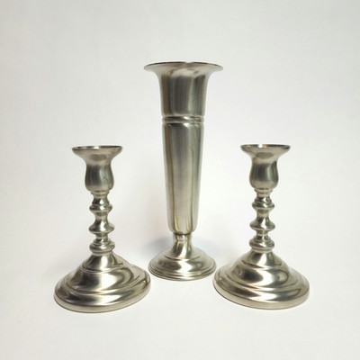 Vtg Pair (2) Preisner Pewter Candle Holders Candlesticks #2095 And Vase #2066