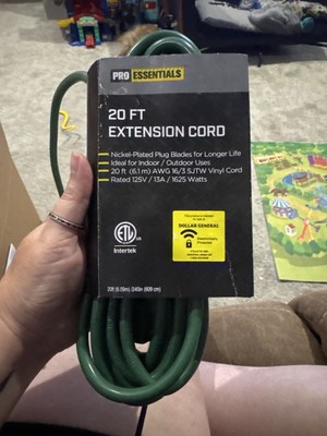 Pro Essentials 20 Ft Outdoor Extension Cord Heavy Duty 16/3 SJTW Green 125V NEW
