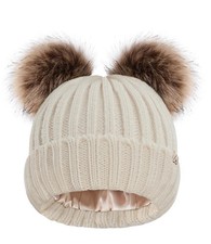 Toddler Beanie Satin Lined Beanie for Baby Winter Hats for Kids Double Pom Po...