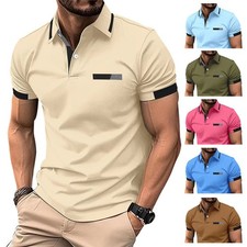 Men's Casual Polo Shirt Short Sleeve Striped Lapel Button Business Summer Top