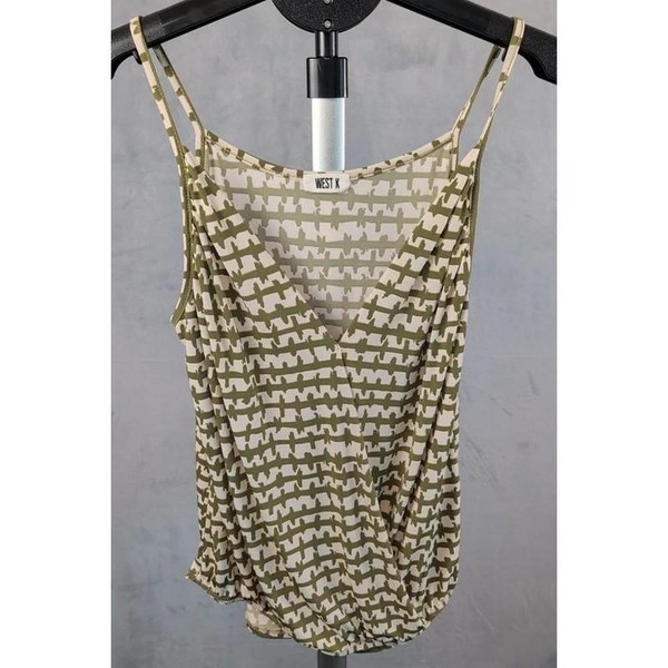 West K Olive Green & Cream Geometric Print Spaghetti Strap Camisole Tank Top M