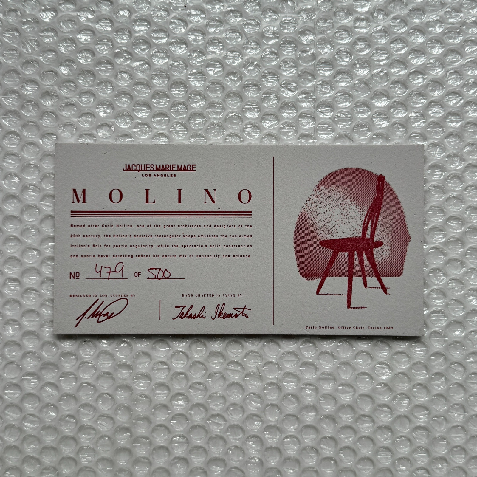 Jacques Marie Mage 'Molino' 479/500 Authenticity Card Only (No Glasses) Free P&P