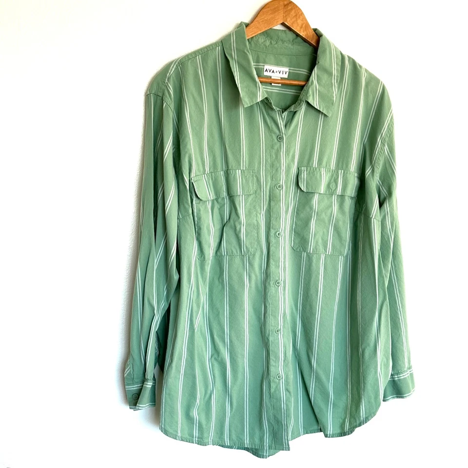 Camisa para mujer AVA & VIV 1x verde blanco a rayas manga larga bolsillos abotonados Top Foto 2 de 4