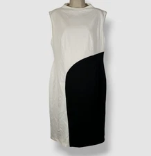 Halston Women White Black Scuba Crepe Colorblock Mock-Neck Sheath Dress Size 14