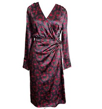 ON 34TH Satin Floral Wrap Midi Dress Small Black Red Green V-Neck Long Sleeve 