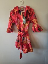 Farm Rio S A-Line Dress Pink Red Floral Collared 3/4 Ruffle Sleeve Belted Button