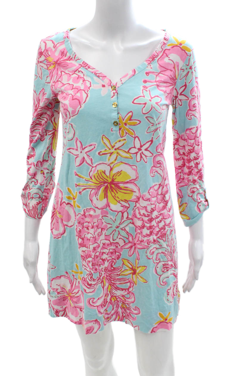 Lilly Pulitzer Women Shift Dress Light Blue Floral V-Neck 3/4 Sleeve Size SFree Shipping in US $100+ Orders | $6.95 Orders Below