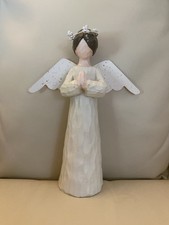 Vintage 8" Carved Wooden Painted Angel With Metal Wings Free Standing Praying