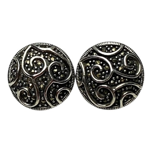Vintage .925 Sterling Silver Marcasite Round Dome Thai Earrings - 第 6/8 張圖片