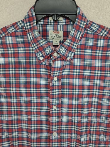 J Crew Oxford Todo Algodón Calce Clásico Rojo Blanco Azul Cuadros Talla LT Bolsillo en el Pecho - Imagen 2 de 22