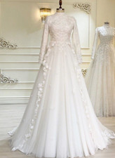 White Muslim Wedding Dresses Bride Appliques Flowers Long Sleeve Floor Length