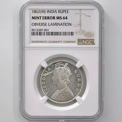 1862 (M) British India Queen Victoria 1 Rupee Silver Coin NGC MINT ERROR MS 64