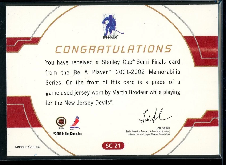 2001-02 BAP Memorabilia Stanley Cup Playoffs Jersey #SC21 Martin Brodeur **/80 - Image 2 of 2