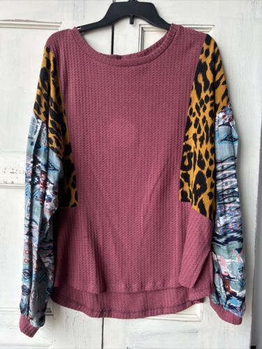 Umgee Womens Sweater Mixed Fabric Patchwork Oversized Long Sleeves Size Large