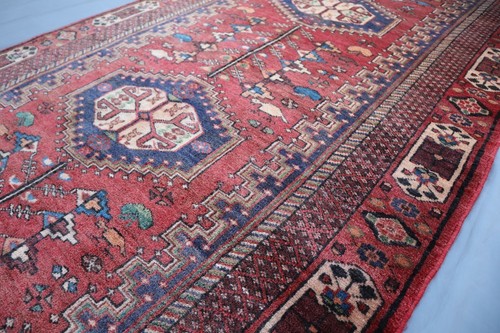 3x9 "Antique Shiraaaz Peersian Rug, Tribal Geometric Medallion, Red & Blue Wool" - Picture 9 of 12