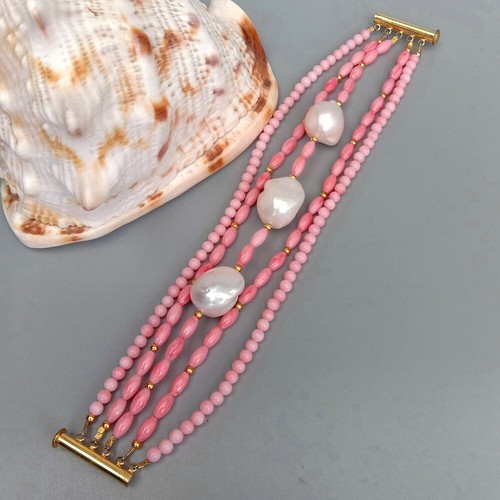 8" 5 rows Freshwater Cultured White Keshi Pearl Pink Coral Bracelet - Picture 4 of 6