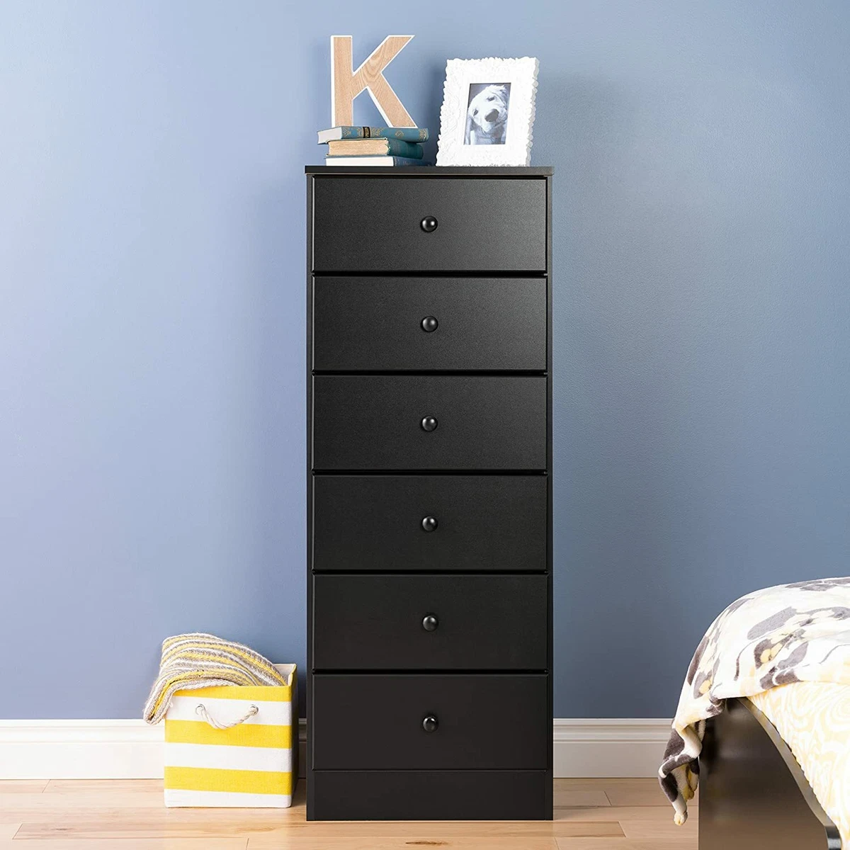 Black Finish Wooden 6 Drawer Tall Dresser Chest Drawers Clothes