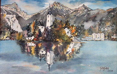 Watercolor Painting of Lake Bled Island w Church of Mary's Assumption, Slovenia