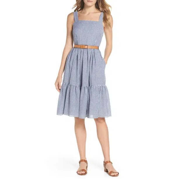 ELIZA J Dress Plus Sz 18 Navy Blue White Gingham Check Seersucker Ruffle  Tiered