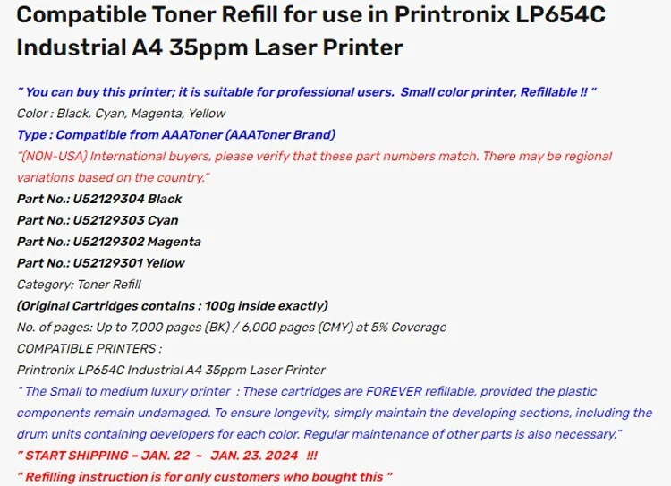 (100g x 4) Toner Refill for use in Printronix LP654C Industrial Printer + 4 Chip - Image 3 of 4