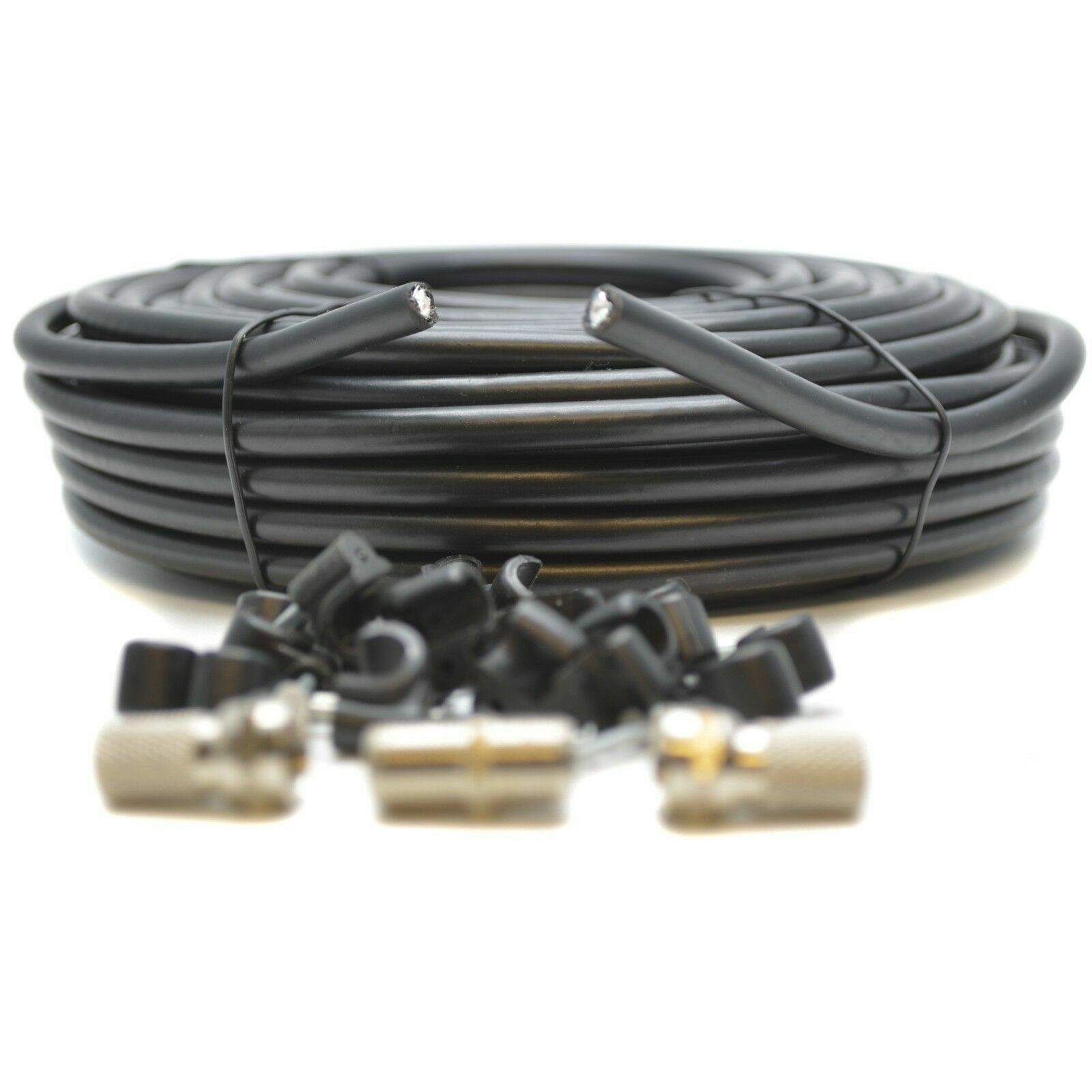 50m RG6 Black Satellite Aerial Coax Cable, Clips + Connectors For Sky HD Freesat
