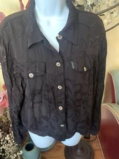 Vintage Citron Boho Black on Black Floral Long Sleeve Button Down Blouse M