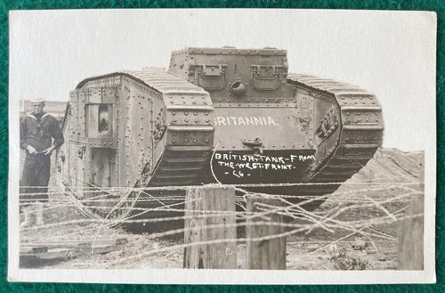 WWI Mark Tank RPPC Real Photo Postcard Britannia WW1 Sailor Army Gun military
