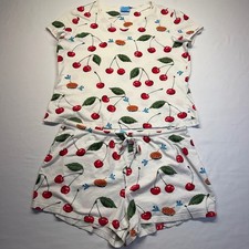 Nick  Nora Pajama Set Cherry Pie Blue Bird L White Women Y2K Short Set Retro